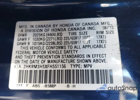 2015 Honda Cr-V Ex из США, поврежденный, VIN 2HKRM3H5XFH551156